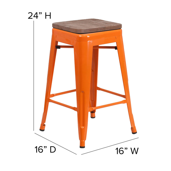 Orange |#| 24inch High Backless Orange Metal Counter Height Stool with Square Wood Seat