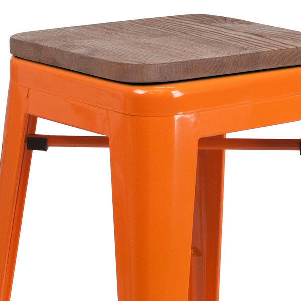 Orange |#| 24inch High Backless Orange Metal Counter Height Stool with Square Wood Seat