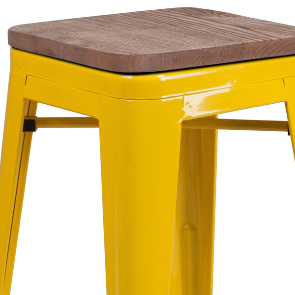 Yellow |#| 24inch High Backless Yellow Metal Counter Height Stool with Square Wood Seat