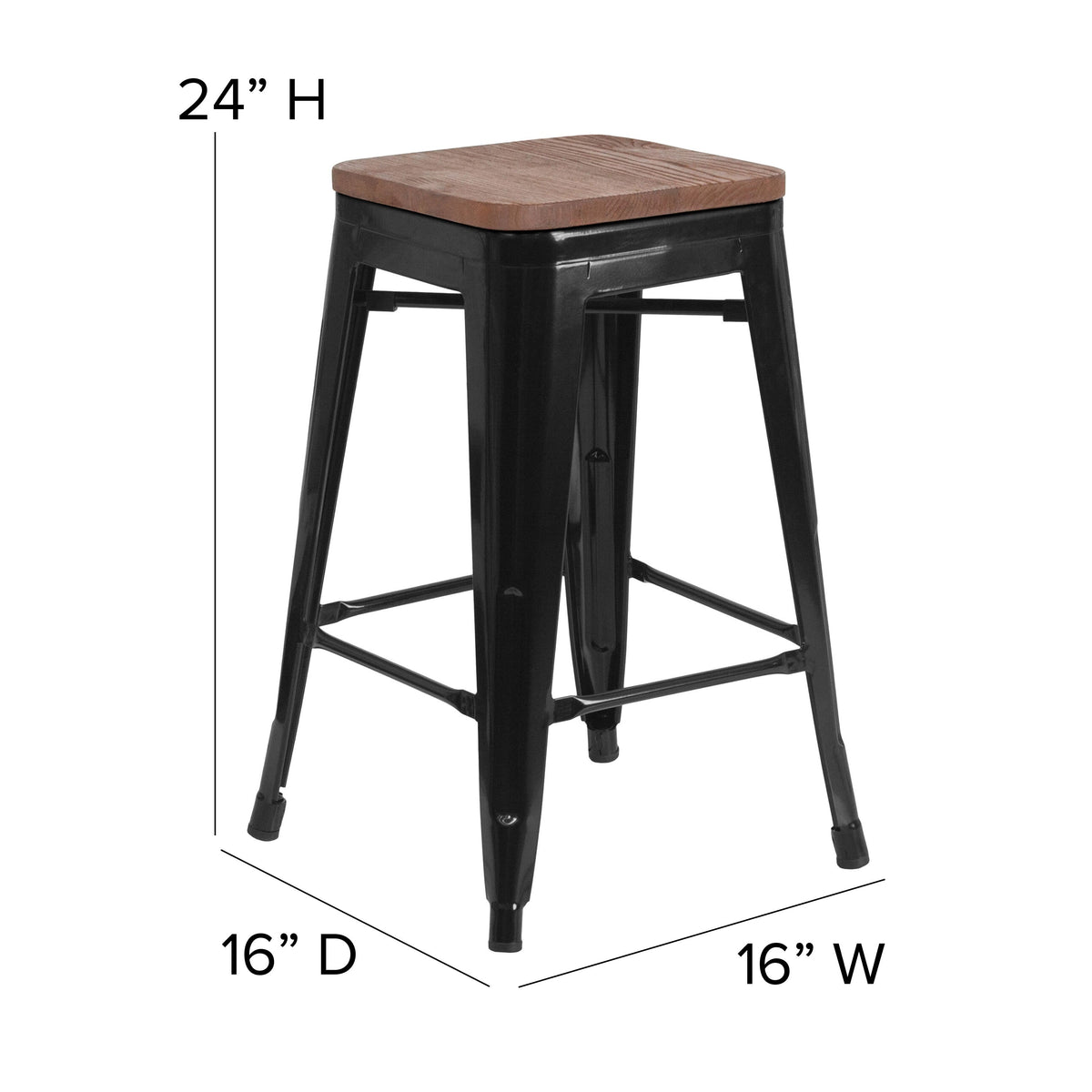 Black |#| 24inch High Backless Black Metal Counter Height Stool with Square Wood Seat