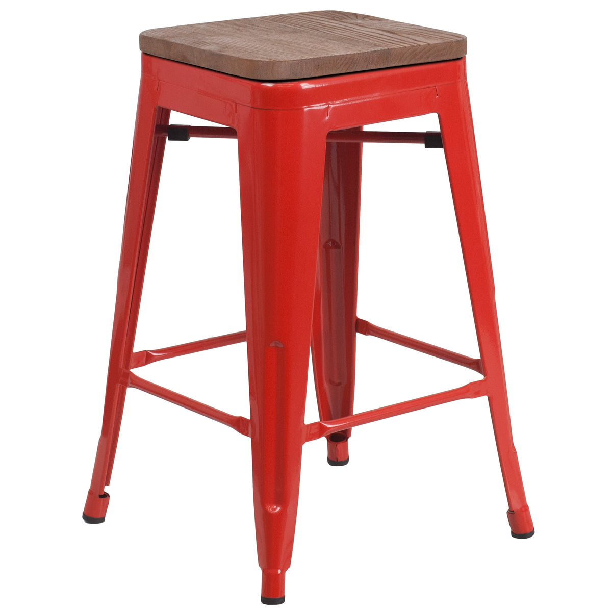 Red |#| 24inch High Backless Red Metal Counter Height Stool with Square Wood Seat