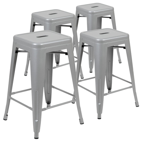 Silver |#| 4 Pack 24inch High Metal Indoor Counter Bar Stool - Stackable Stool, Silver