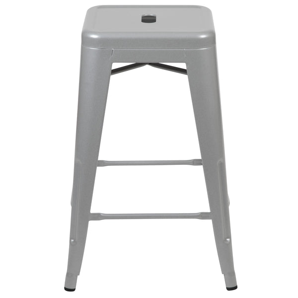 Silver |#| 4 Pack 24inch High Metal Indoor Counter Bar Stool - Stackable Stool, Silver