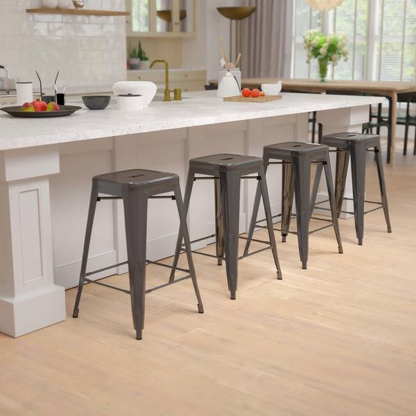 Black |#| 4 Pack 24inch High Metal Indoor Counter Bar Stool - Stackable Stool, Black