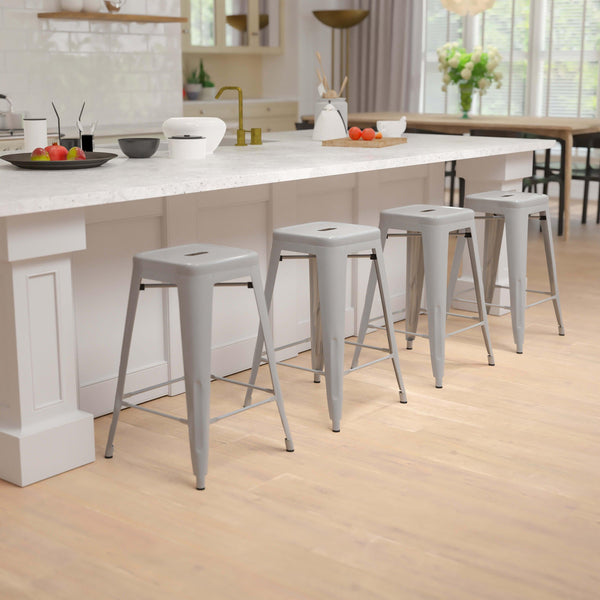 Silver |#| 4 Pack 24inch High Metal Indoor Counter Bar Stool - Stackable Stool, Silver