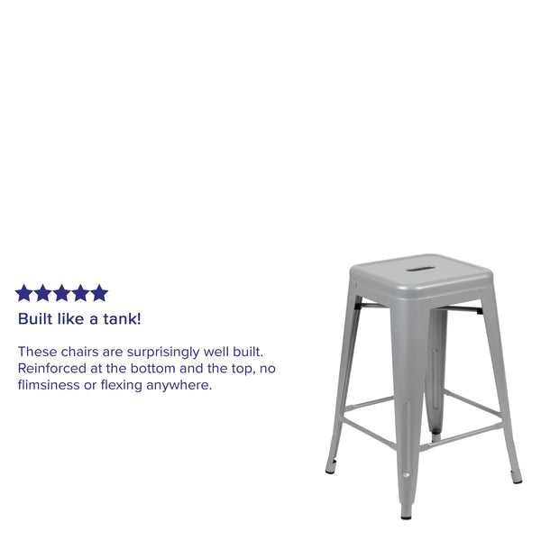 Silver |#| 4 Pack 24inch High Metal Indoor Counter Bar Stool - Stackable Stool, Silver