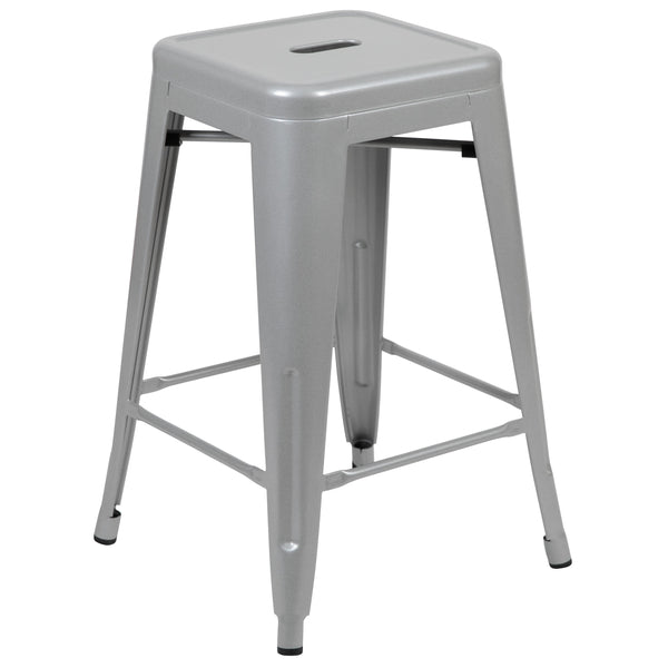 Silver |#| 4 Pack 24inch High Metal Indoor Counter Bar Stool - Stackable Stool, Silver