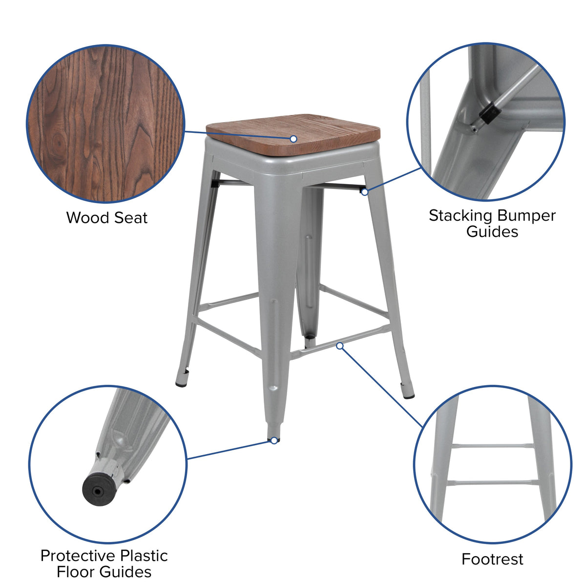 Silver |#| 4 Pack 24inch High Metal Indoor Counter Bar Stool - Stackable Stool, Silver