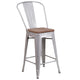 Silver |#| 24inch High Silver Metal Counter Height Stool with Back and Wood Seat