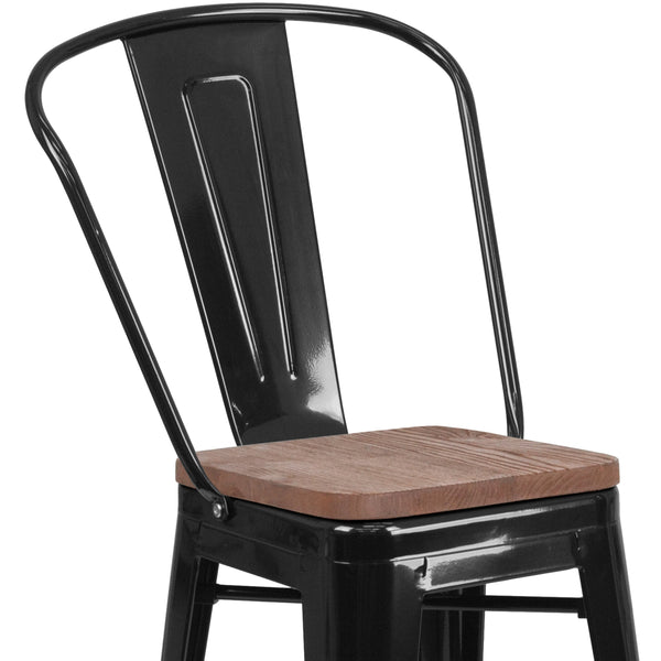 Black |#| 24inch High Black Metal Counter Height Stool with Back and Wood Seat