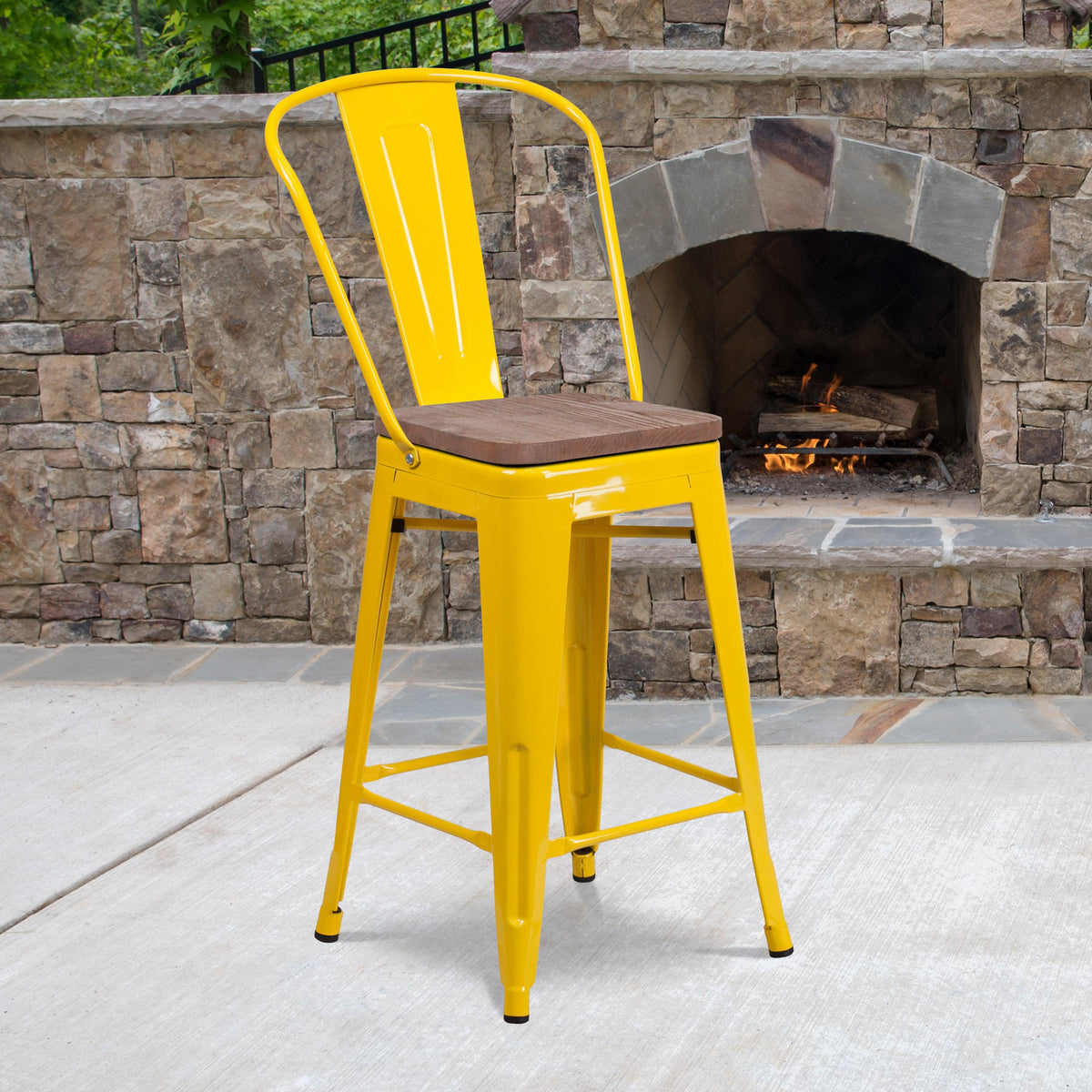 Yellow |#| 24inch High Yellow Metal Counter Height Stool with Back and Wood Seat