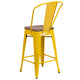 Yellow |#| 24inch High Yellow Metal Counter Height Stool with Back and Wood Seat