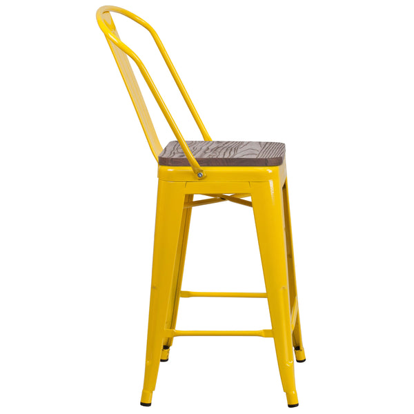 Yellow |#| 24inch High Yellow Metal Counter Height Stool with Back and Wood Seat