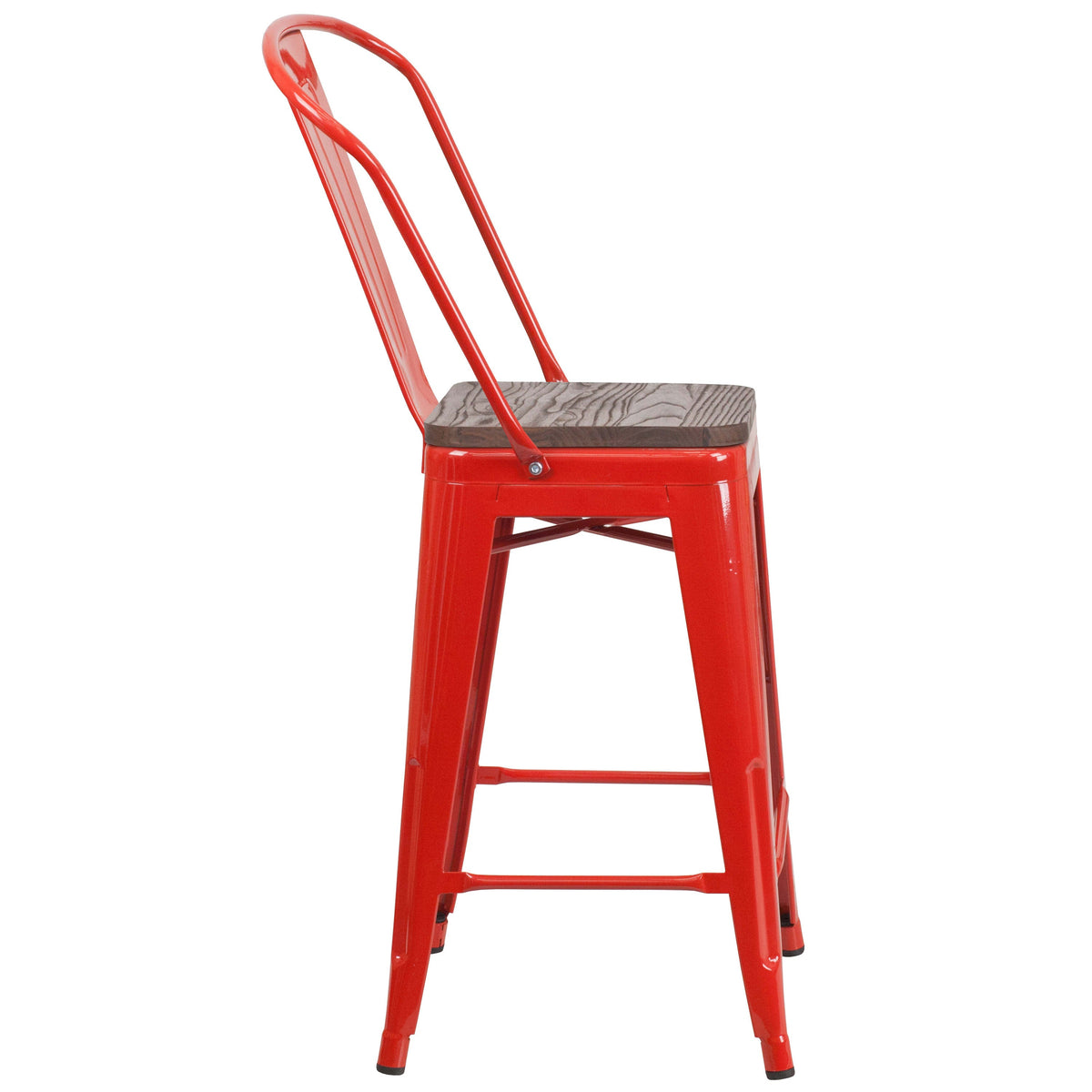 Red |#| 24inch High Red Metal Counter Height Stool with Back and Wood Seat