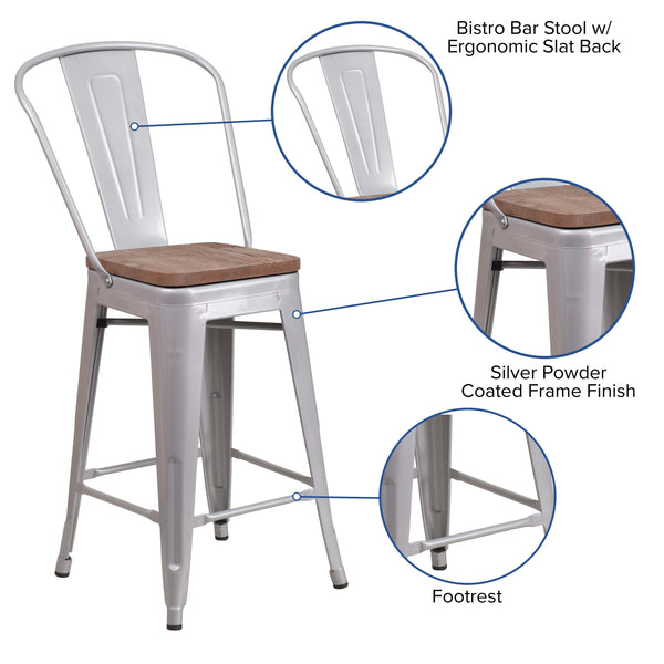 Silver |#| 24inch High Silver Metal Counter Height Stool with Back and Wood Seat