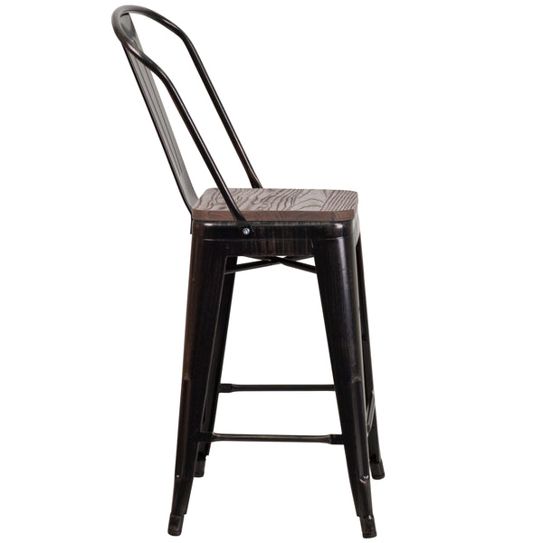 Black-Antique Gold |#| 24inch High Black-Antique Gold Metal Counter Height Stool with Back and Wood Seat