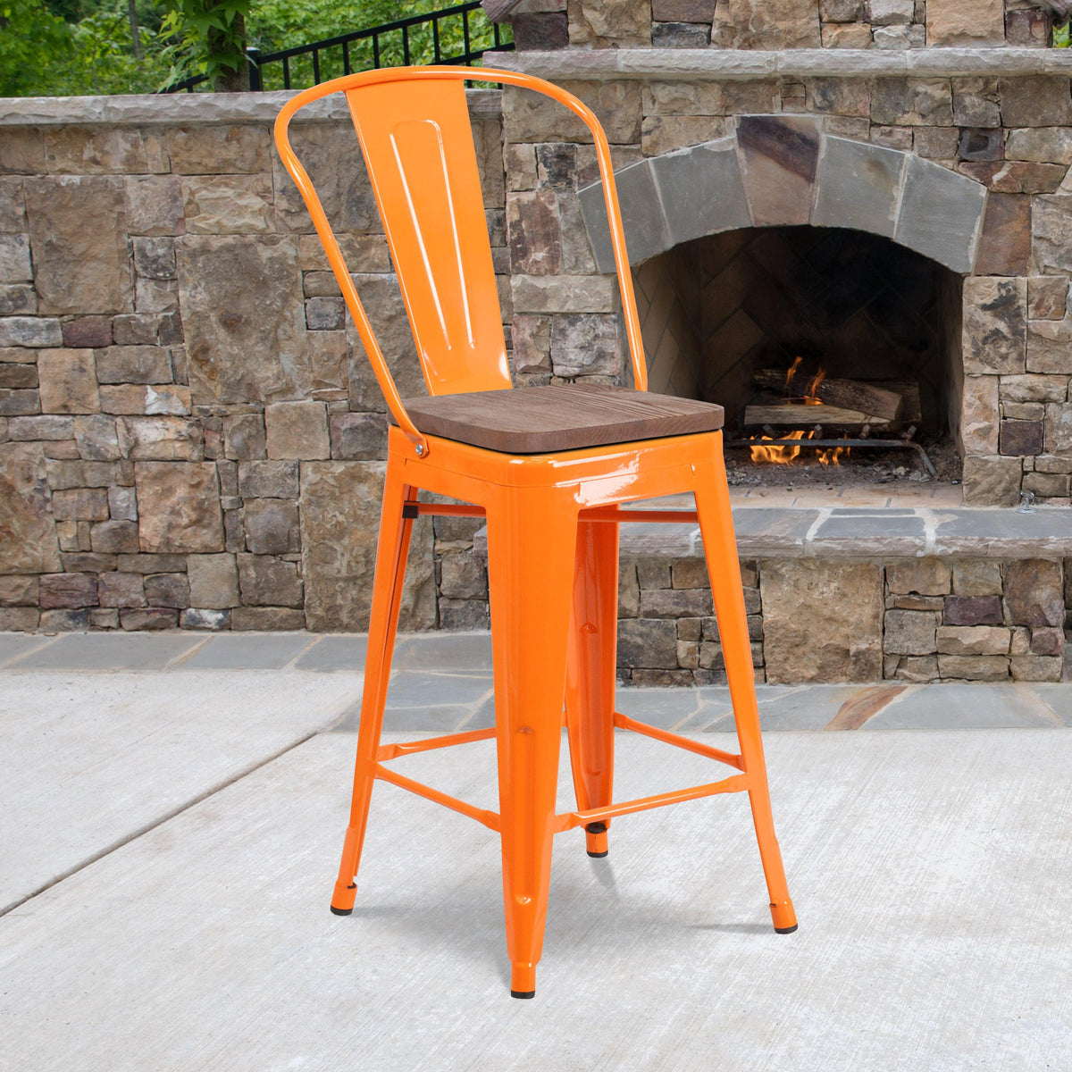 Orange |#| 24inch High Orange Metal Counter Height Stool with Back and Wood Seat