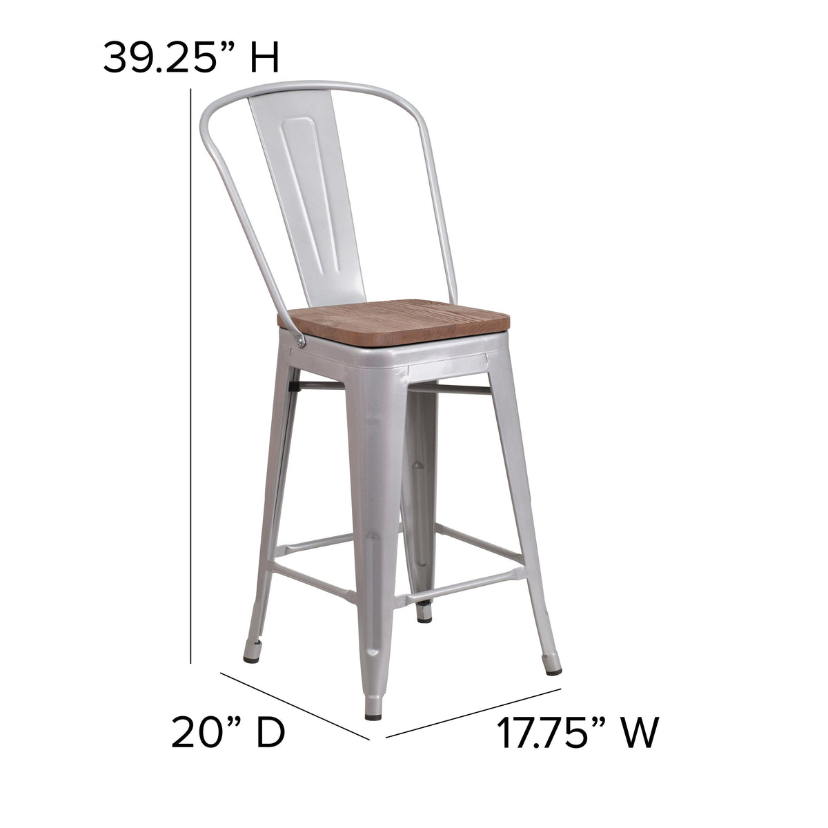 Silver |#| 24inch High Silver Metal Counter Height Stool with Back and Wood Seat