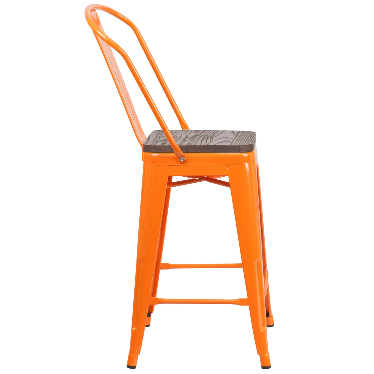 Orange |#| 24inch High Orange Metal Counter Height Stool with Back and Wood Seat