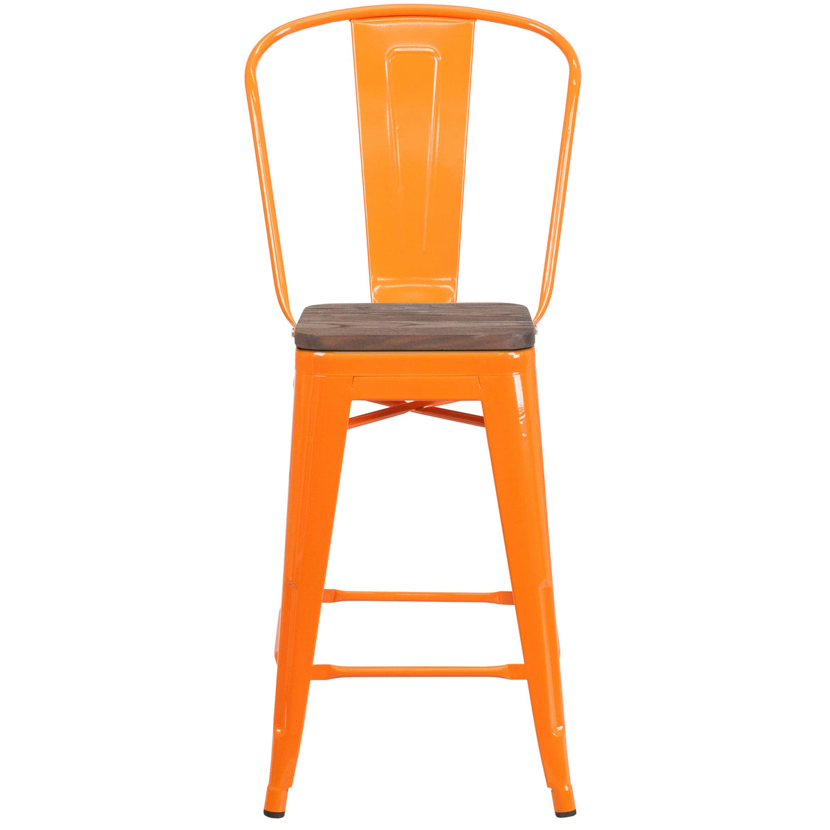 Orange |#| 24inch High Orange Metal Counter Height Stool with Back and Wood Seat