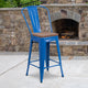 Blue |#| 24inch High Blue Metal Counter Height Stool with Back and Wood Seat