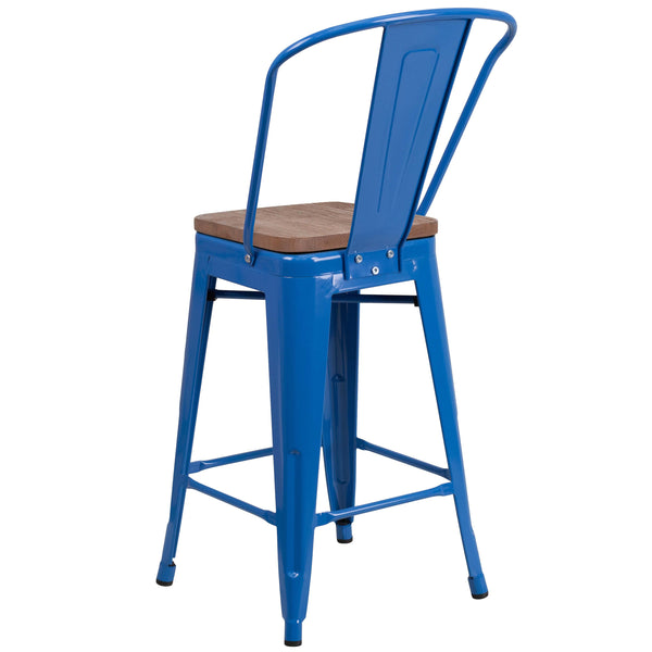 Blue |#| 24inch High Blue Metal Counter Height Stool with Back and Wood Seat