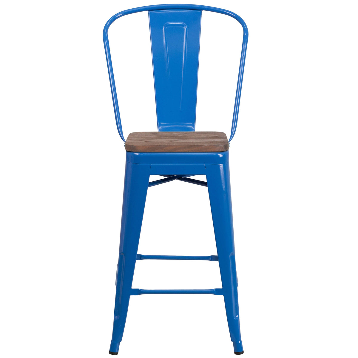 Blue |#| 24inch High Blue Metal Counter Height Stool with Back and Wood Seat