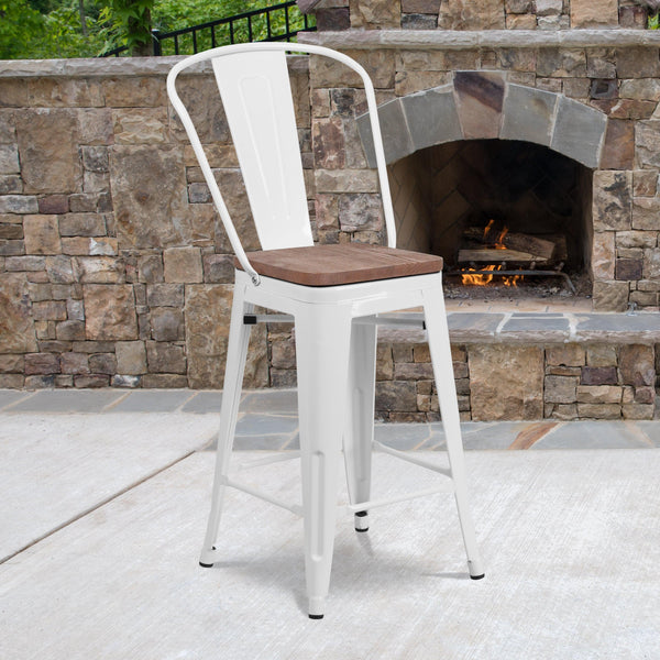 White |#| 24inch High White Metal Counter Height Stool with Back and Wood Seat