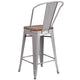 Silver |#| 24inch High Silver Metal Counter Height Stool with Back and Wood Seat