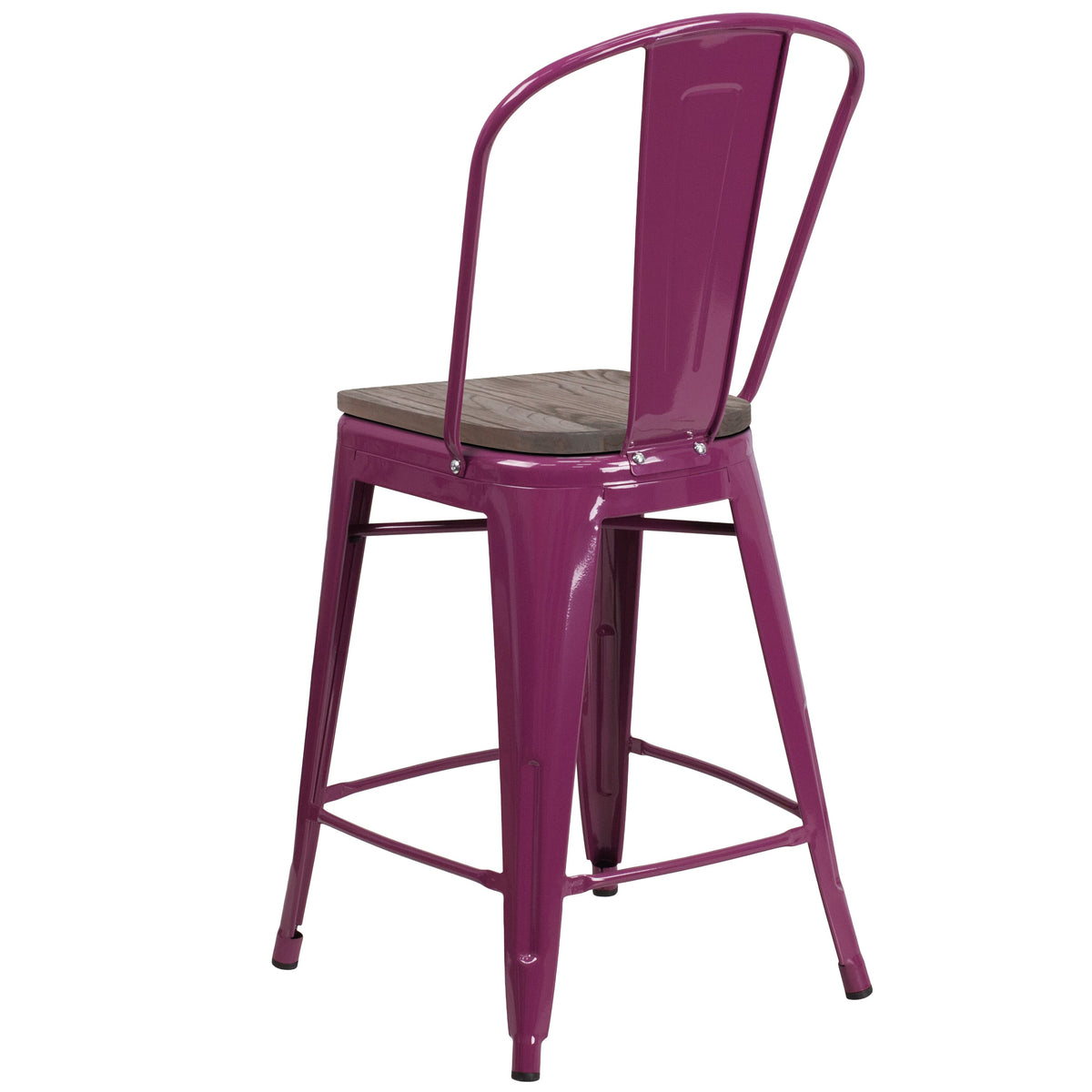 Purple |#| 24inch High Purple Metal Counter Height Stool with Back and Wood Seat