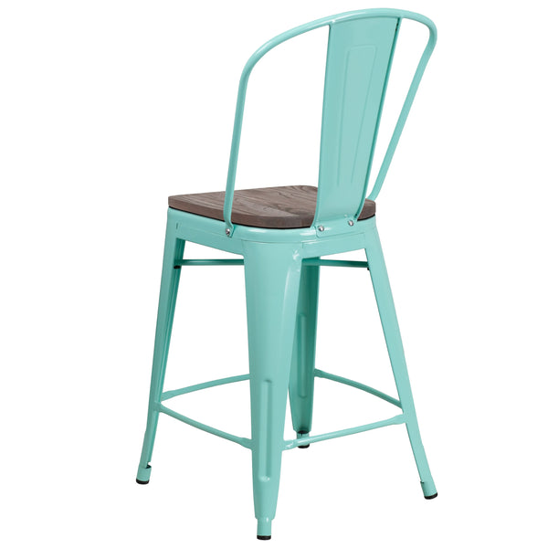 Mint Green |#| 24inch High Mint Green Metal Counter Height Stool with Back and Wood Seat