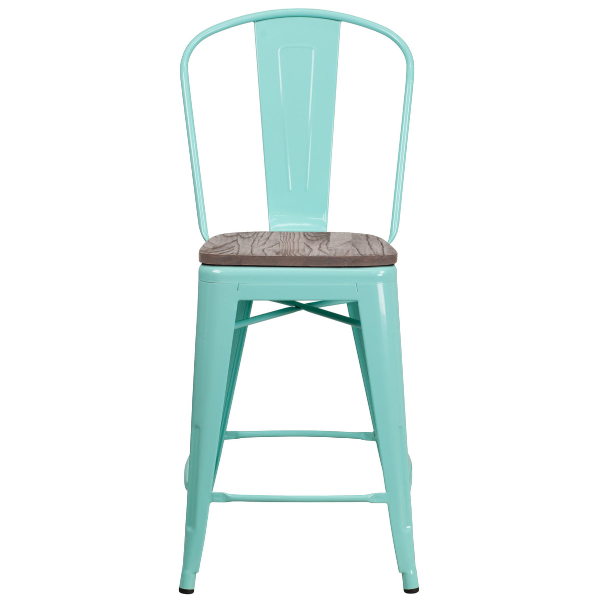 Mint Green |#| 24inch High Mint Green Metal Counter Height Stool with Back and Wood Seat