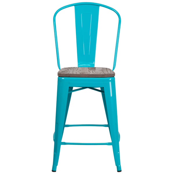 Crystal Teal-Blue |#| 24inch High Crystal Teal-Blue Metal Counter Height Stool with Back and Wood Seat