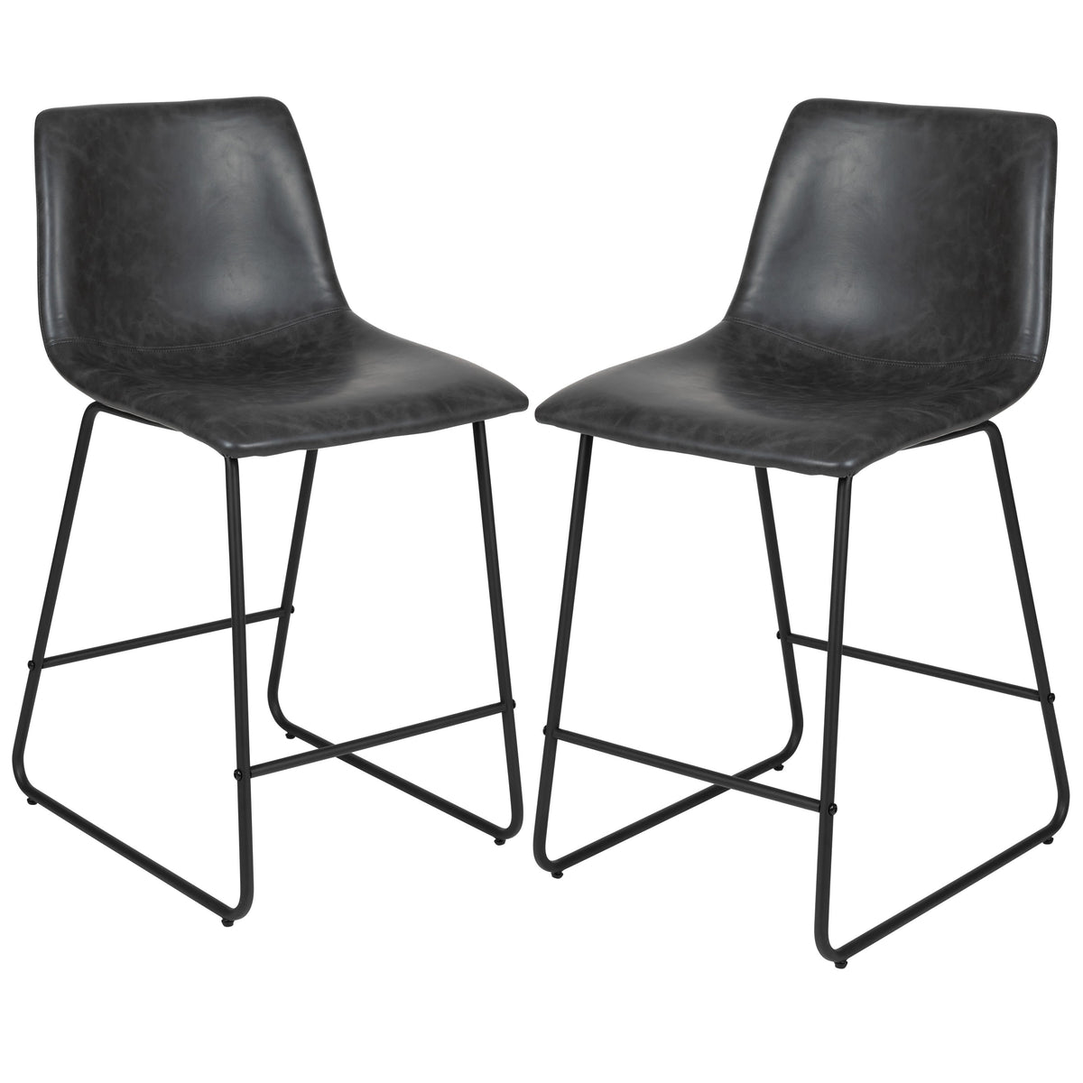 Gray |#| Set of 2 Kitchen Counter Height Stool - 24 Inch Dark Gray LeatherSoft Barstool