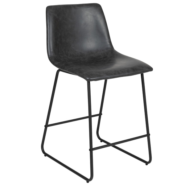 Gray |#| Set of 2 Kitchen Counter Height Stool - 24 Inch Dark Gray LeatherSoft Barstool