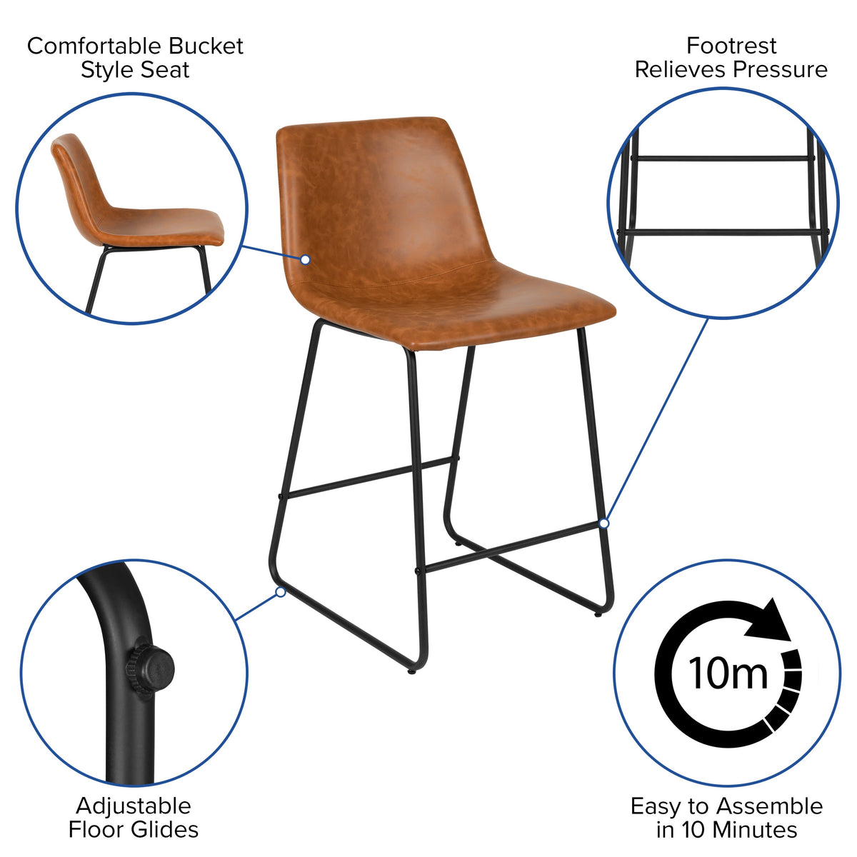 Light Brown |#| Set of 2 Kitchen Counter Height Stool - 24 Inch Light Brown LeatherSoft Barstool