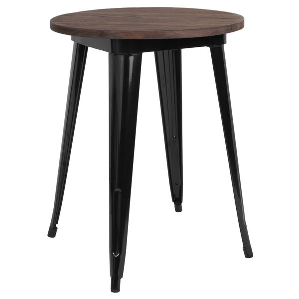 Black |#| 24inch Round Black Metal Indoor Table with Walnut Rustic Wood Top - Café Table