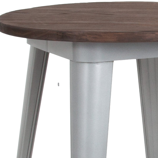 Silver |#| 24inch Round Silver Metal Indoor Table with Walnut Rustic Wood Top - Café Table