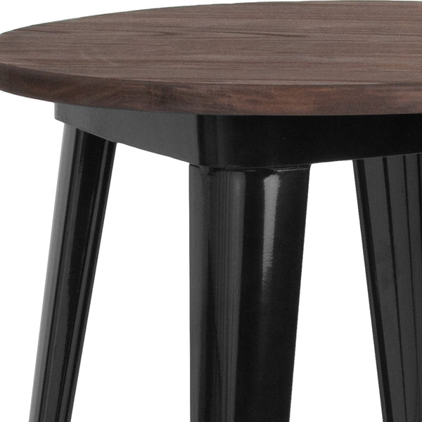 Black |#| 24inch Round Black Metal Indoor Table with Walnut Rustic Wood Top - Café Table