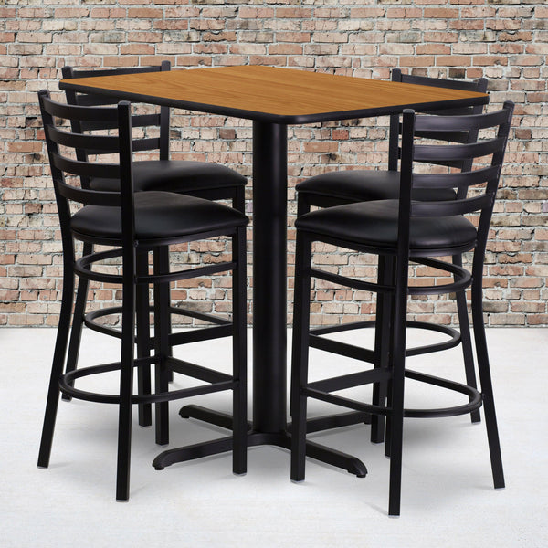 Natural Top/Black Vinyl Seat |#| 24inchW x 42inchL Rectangular Natural Laminate Table w/ 4 Metal Vinyl Seat Barstools