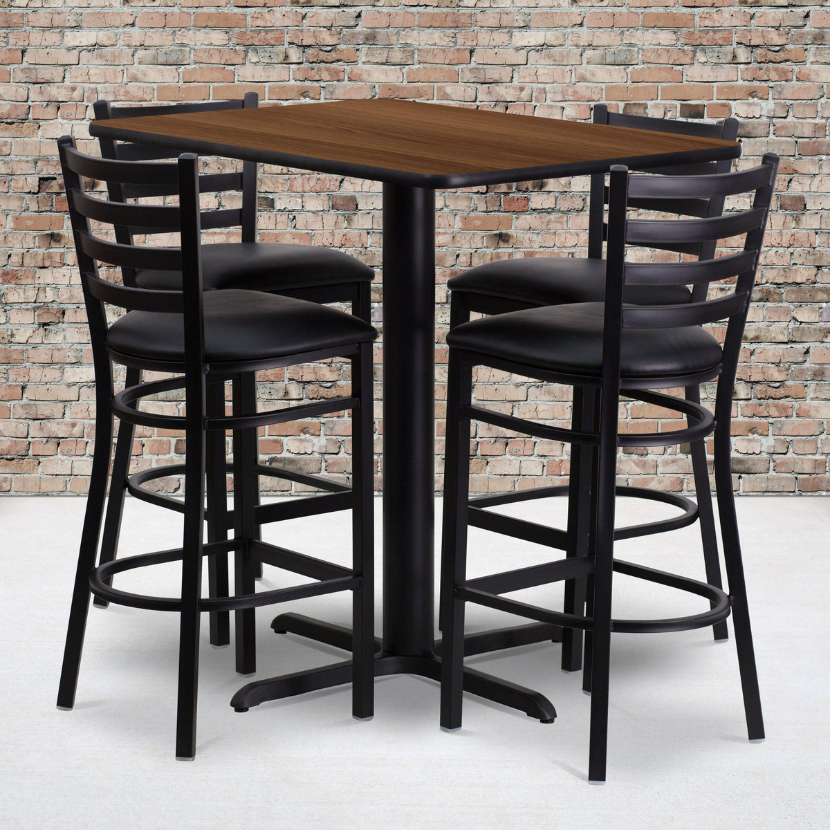 Walnut Top/Black Vinyl Seat |#| 24inchW x 42inchL Rectangular Walnut Laminate Table w/ 4 Metal Vinyl Seat Barstools