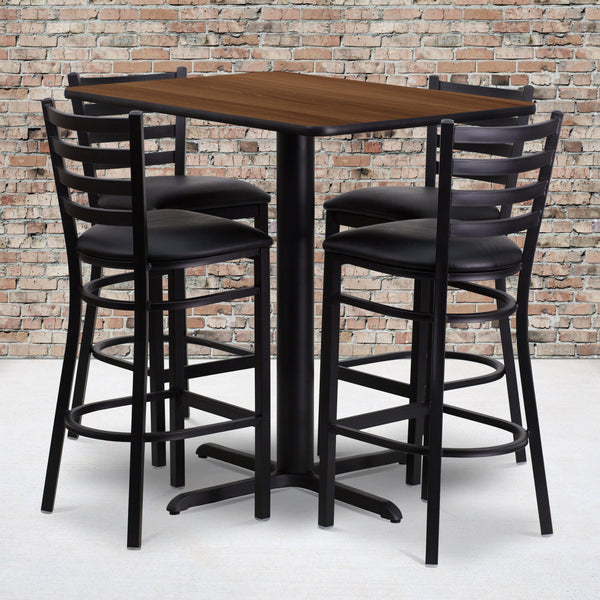 Walnut Top/Black Vinyl Seat |#| 24inchW x 42inchL Rectangular Walnut Laminate Table w/ 4 Metal Vinyl Seat Barstools