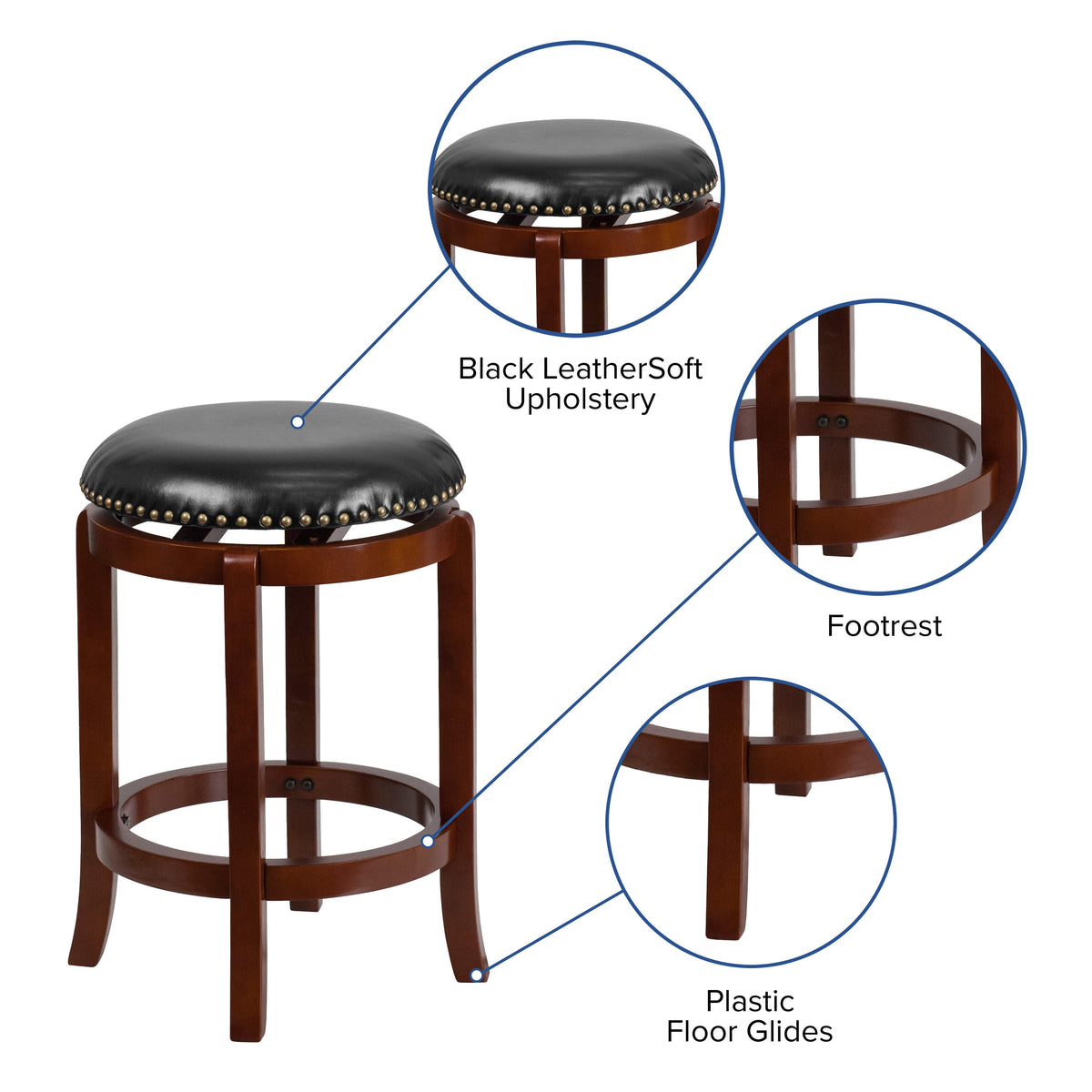 Light Cherry |#| 24inch High Backless Lt Cherry Counter Height Stool w/Black LeatherSoft Swivel Seat