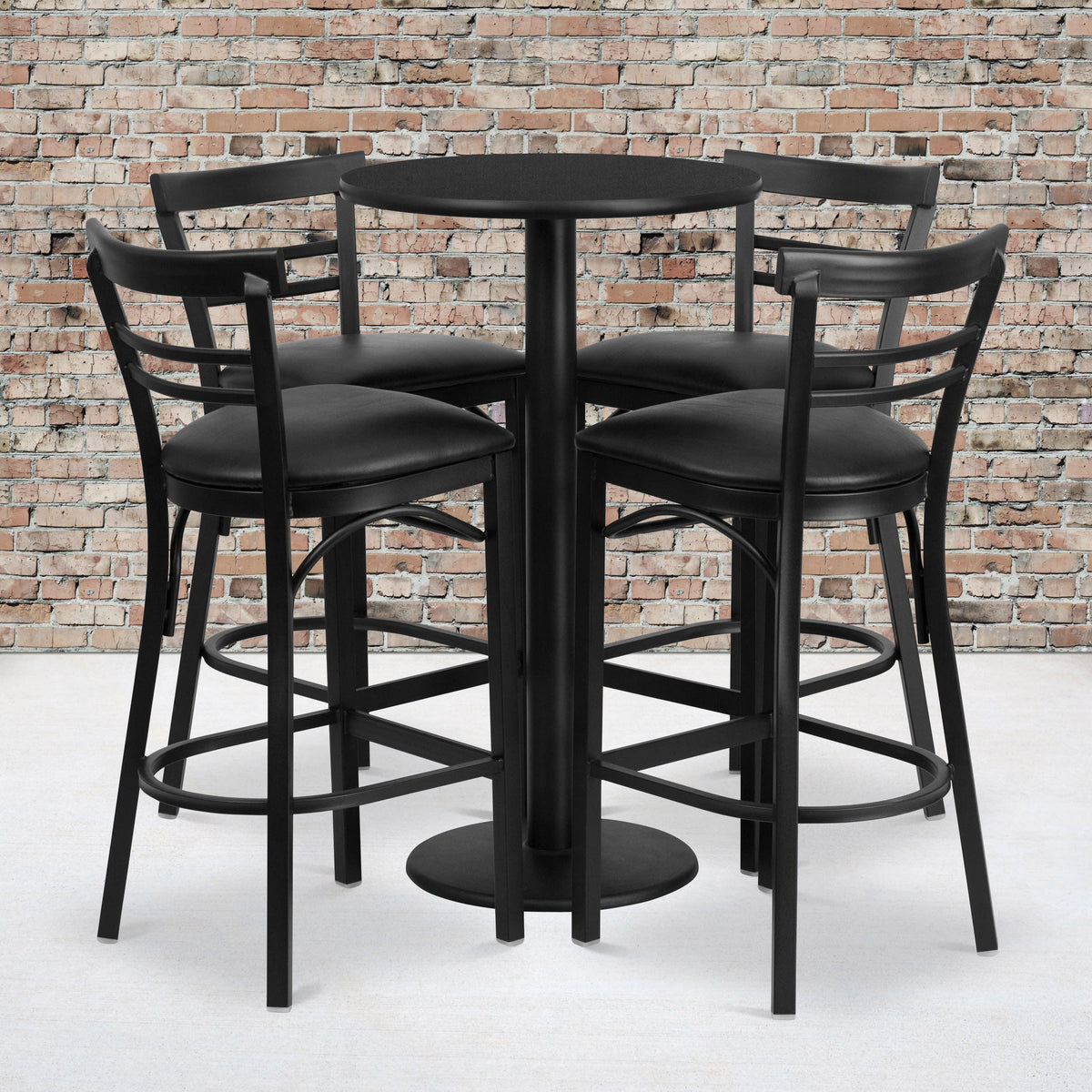 Black Top/Black Vinyl Seat |#| 24inch Round Black Laminate Table with Round Base & 4 Ladder Back Metal Barstools