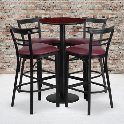 24'' Round Laminate Table Set with Round Base and 4 Two-Slat Ladder Back Metal Barstools