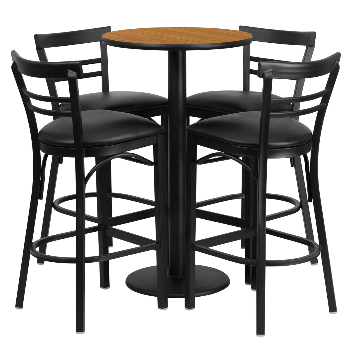 Natural Top/Black Vinyl Seat |#| 24inch Round Natural Laminate Table with Round Base & 4 Ladder Back Metal Barstools