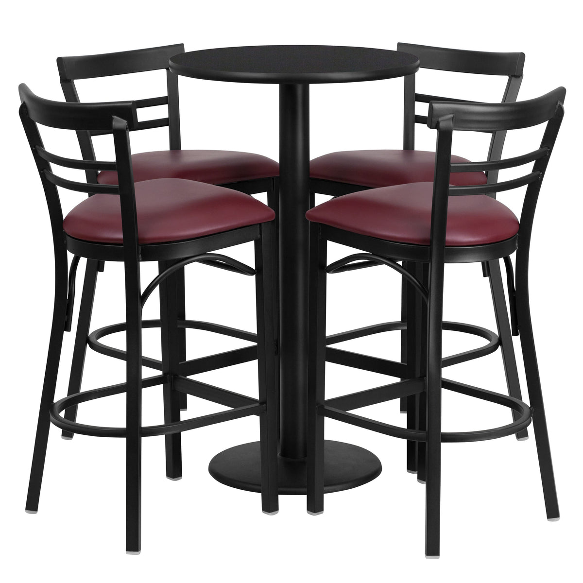 Black Top/Burgundy Vinyl Seat |#| 24inch Round Black Laminate Table with Round Base & 4 Ladder Back Metal Barstools