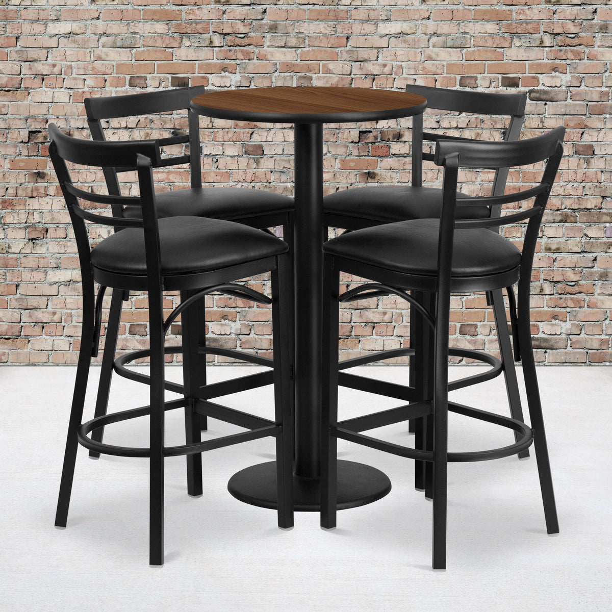 Walnut Top/Black Vinyl Seat |#| 24inch Round Walnut Laminate Table with Round Base & 4 Ladder Back Metal Barstools