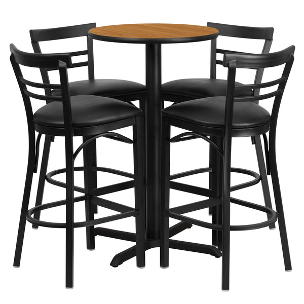 Natural Top/Black Vinyl Seat |#| 24inch Round Natural Laminate Table with X-Base and 4 Metal Vinyl Seat Barstools