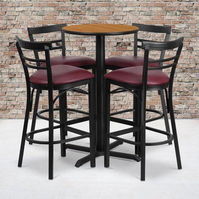 24'' Round Laminate Table Set with X-Base and 4 Two-Slat Ladder Back Metal Barstools